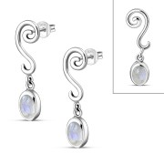 Swirling Ethnic Dangling Drop Stud Silver Earrings w/ Rainbow Moonstone - e166